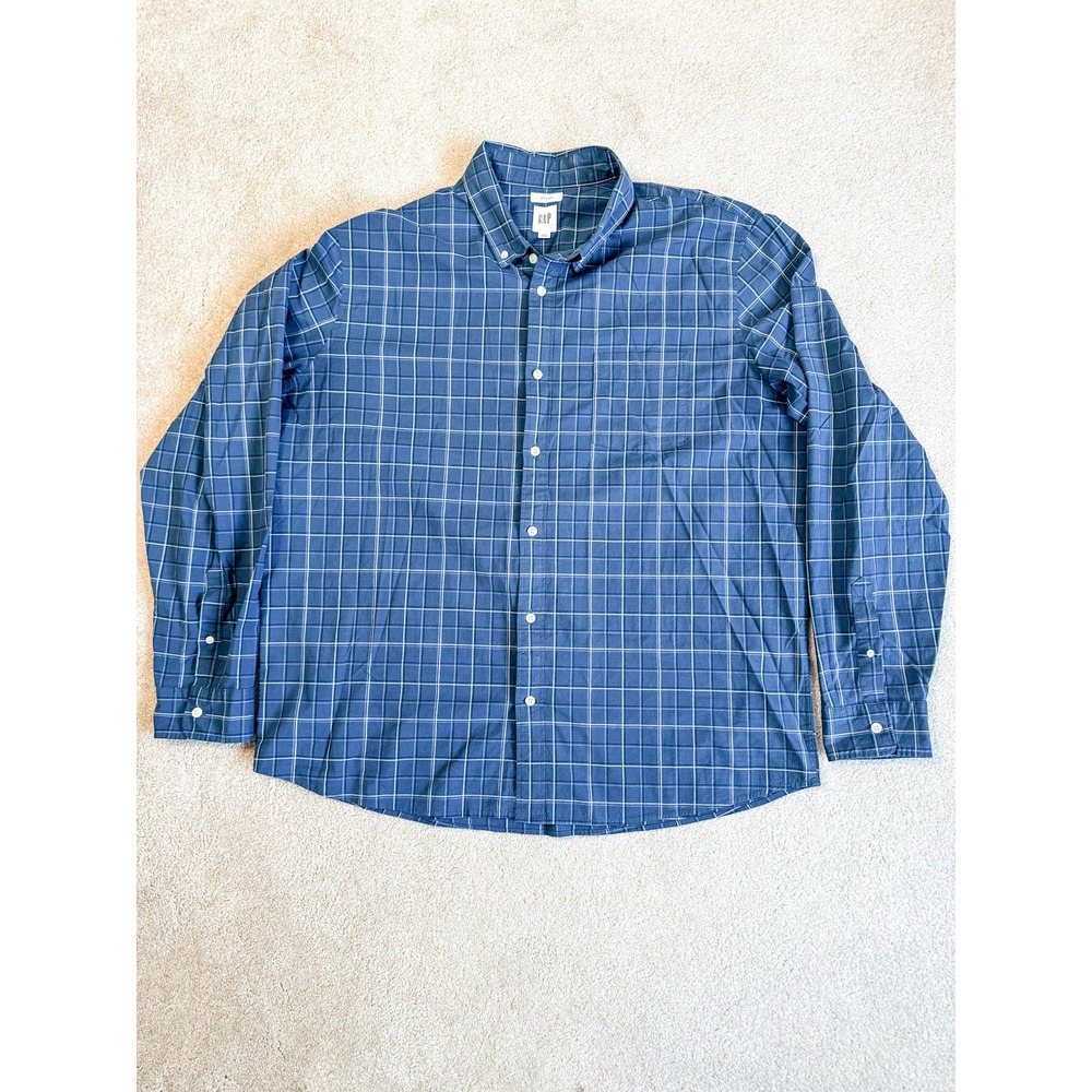 GAP Untucked Stretch Button Down Shirt Men's XXL Blue Plaid Long Sleeve